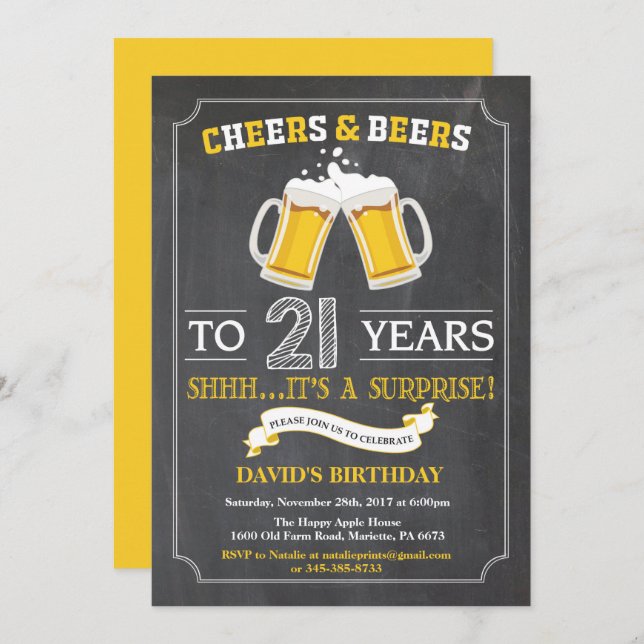 Cheers and Beers 21st Birthday Invitation Card (Front/Back)