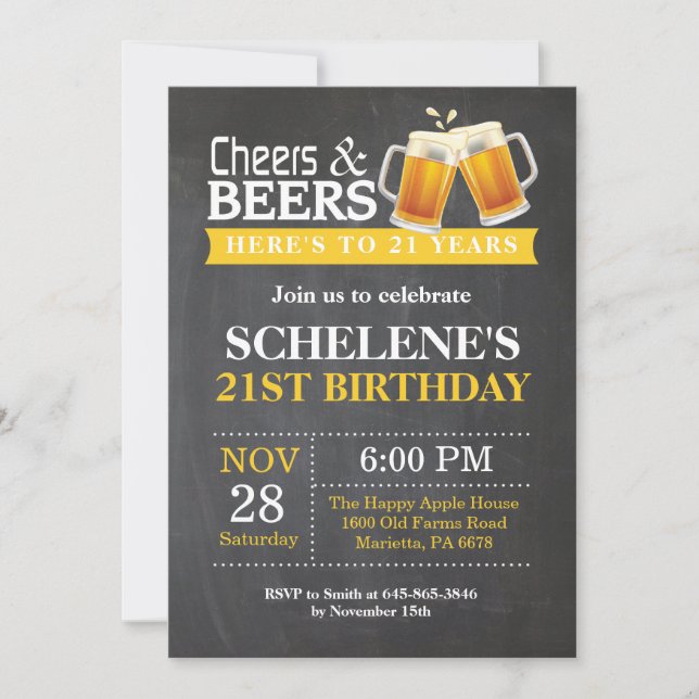 Cheers and Beers 21st Birthday Invitation Card (Front)