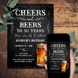 Cheers and Beers 30th Birthday Chalkboard Invitation<br><div class="desc">Cheers and Beers Birthday Invitations. Easy to personalise. All text is adjustable and easy to change for your own party needs. Chalkboard and rustic background elements. Fun Chalkboard swirls and flourishes. Watercolor beer mug. Invitations for him. Bar or backyard BBQ birthday design. Any age,  just change the text.</div>
