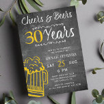 Cheers and beers 30th men chalkboard birthday invitation<br><div class="desc">Informal and funny cheers and beers men thirty birthday party invitation card with a fancy typography script,  a yellow doodle beer mug and swirls on a rustic vintage dark grey chalkboard background.               Suitable for any age or milestone birthday party. Easy to personalise by changing age,  name and party details!</div>