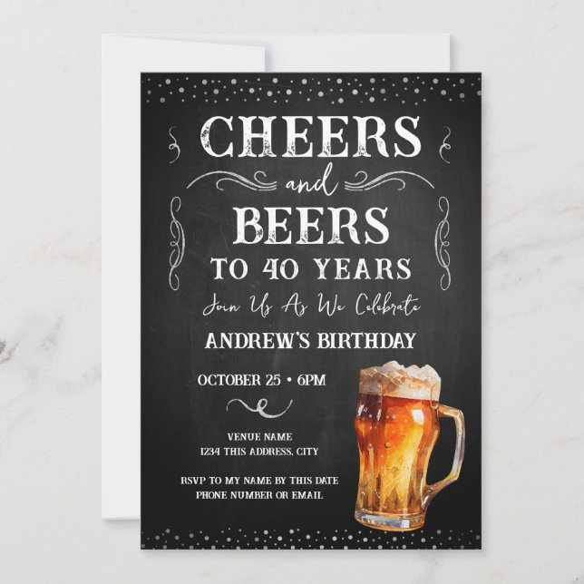 Cheers and Beers 40th Birthday Chalkboard Invitati Invitation (Front)