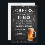 Cheers and Beers 40th Birthday Chalkboard Invitati Invitation<br><div class="desc">Cheers and Beers Birthday Invitations. Easy to personalise. All text is adjustable and easy to change for your own party needs. Chalkboard and rustic background elements. Fun Chalkboard swirls and flourishes. Watercolor beer mug. Invitations for him. Bar or backyard BBQ birthday design. Any age,  just change the text.</div>