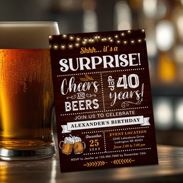 Cheers and Beers 40th Birthday Rustic Invitation (Creator Uploaded)