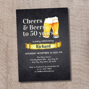 Cheers and Beers 50 Years Simple Vintage Black  Invitation