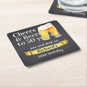 Cheers and Beers 50 Years Simple Vintage Black Square Paper Coaster