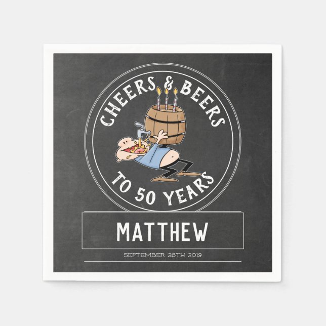 Cheers And Beers 50th Birthday Black And White Napkin (Front)
