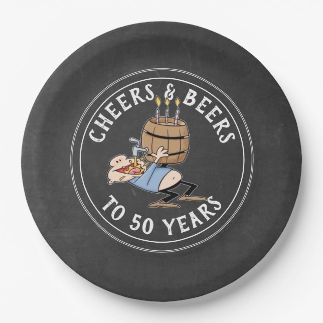 Cheers And Beers 50th Birthday Black And White Paper Plate (Front)
