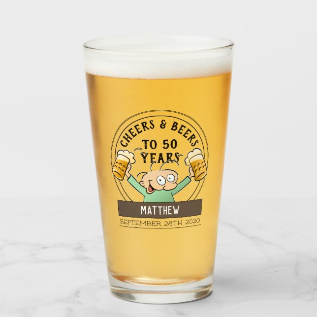Cheers And Beers 50th Birthday Cartoon Glass (Front Filled)