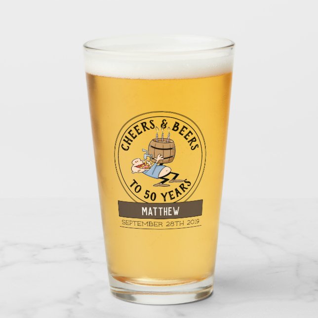 Cheers And Beers 50th Birthday Cartoon Glass (Front Filled)