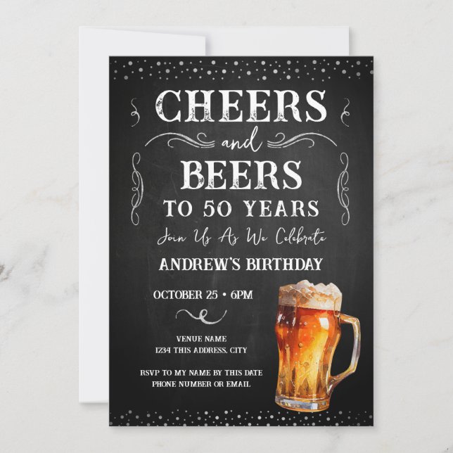 Cheers and Beers 50th Birthday Chalkboard Invitati Invitation (Front)