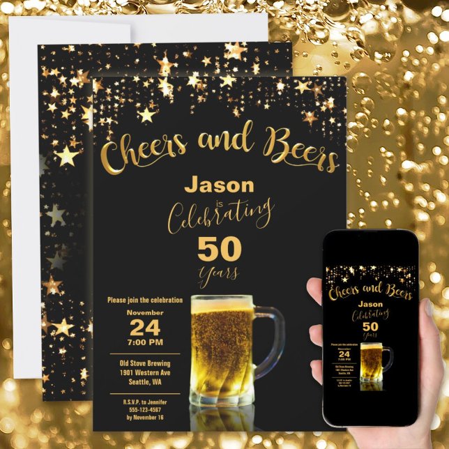 Cheers and Beers 50th Birthday Party Black + Gold Invitation (Celebrate 50 Years with this elegant Cheers and Beers 50th Birthday Party design in Black and Gold)