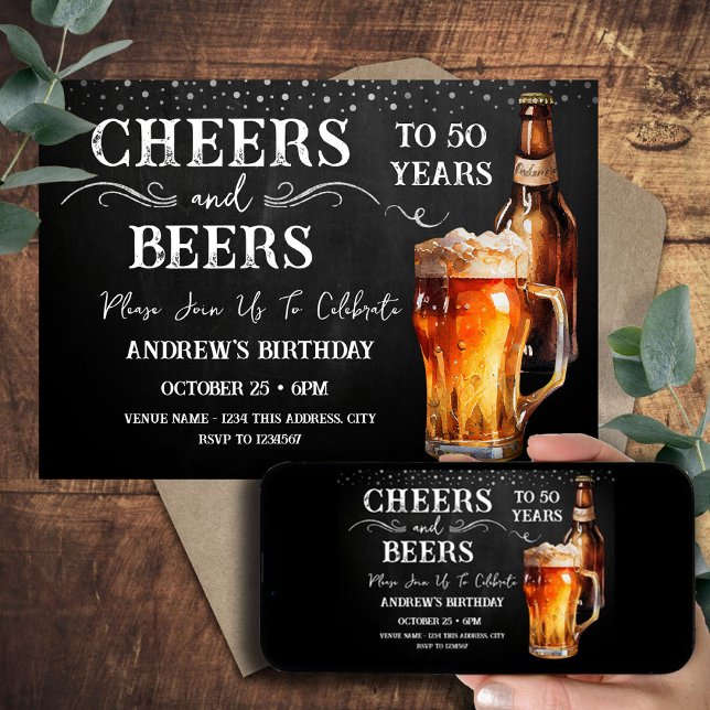 Cheers and Beers 50th Birthday Rustic Invitation (Creator Uploaded)