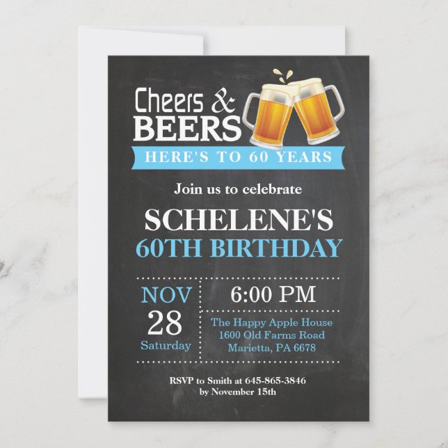 Cheers and Beers 60th Birthday Invitation Card (Front)