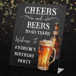 Cheers and Beers 60th birthday Pedestal Sign<br><div class="desc">Rustic Black Chalkboard watercolor beer bottle and pint glass. Rustic Outdoor or bar birthday decore for him. Any age. Easy to personalised template. All text can be adjusted using the design option. Fun,  simple,  casual birthday invites for him.</div>