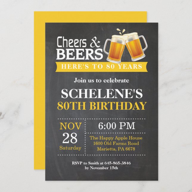 Cheers and Beers 80th Birthday Invitation Card (Front/Back)