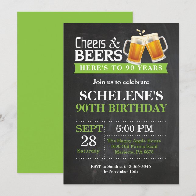 Cheers and Beers 90th Birthday Invitation Card (Front/Back)