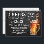 Cheers and Beers 90th Birthday Rustic Invitation<br><div class="desc">Cheers and Beers Birthday Invitations. Easy to personalise. All text is adjustable and easy to change for your own party needs. Chalkboard and rustic background elements. Fun Chalkboard swirls and flourishes. Watercolor beer mug. Invitations for him. Bar or backyard BBQ birthday design. Any age,  just change the text.</div>
