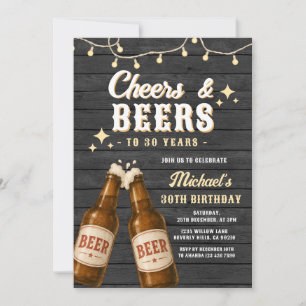 Cheers and Beers Adult Birthday Party Rustic Wood Invitation