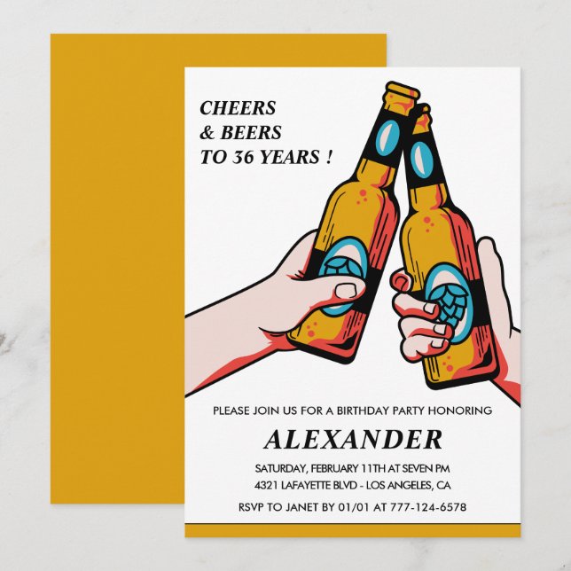 Cheers and Beers Adult Men 36th birthday Invitation (Front/Back)