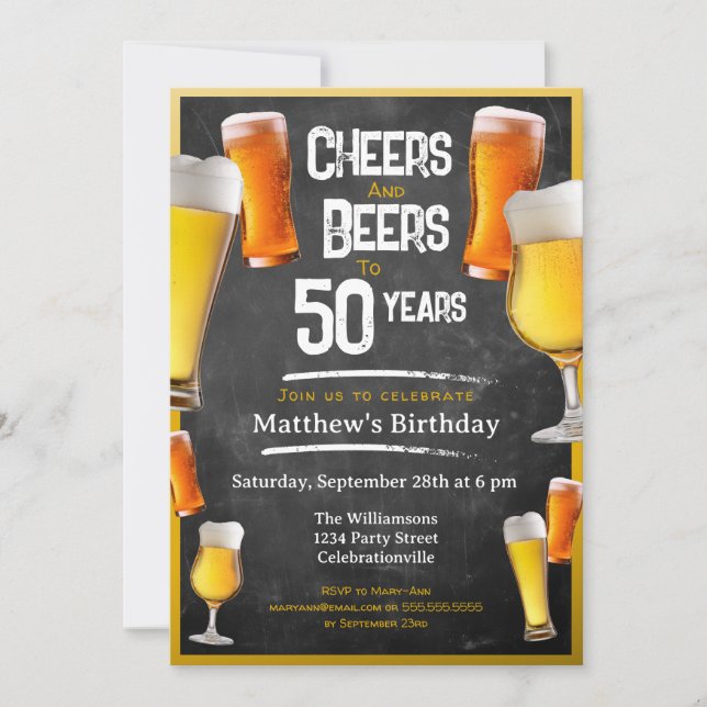 Cheers And Beers Birthday Party Black And Gold Inv Invitation (Front)