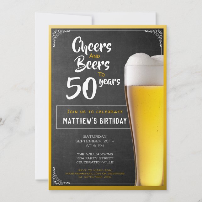 Cheers And Beers Birthday Party Black And Gold Invitation (Front)