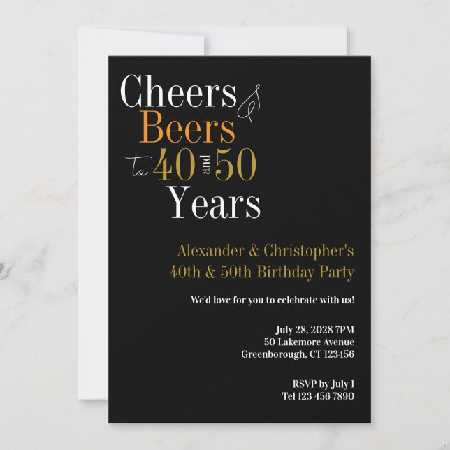 Cheers and Beers Black Gold Joint Birthday Party Invitation (Front)
