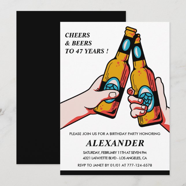 Cheers and Beers Black Rustic Men 47th birthday Invitation (Front/Back)