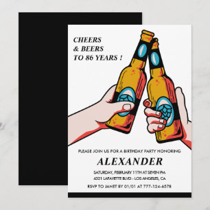Cheers and Beers Black Rustic Men 86th birthday Invitation
