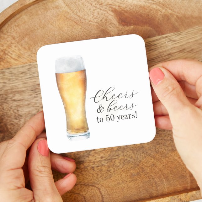 Cheers and Beers Casual 50th Birthday Square Paper Coaster (Creator Uploaded)