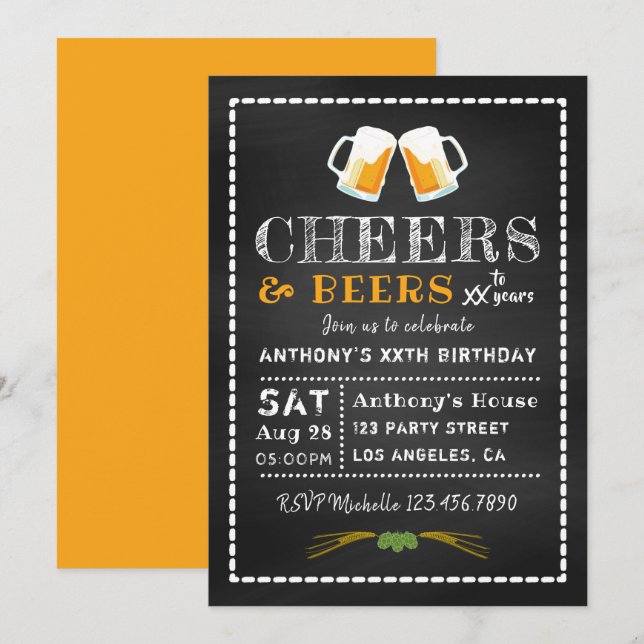Cheers and Beers Chalkboard Milestone Birthday Invitation (Front/Back)