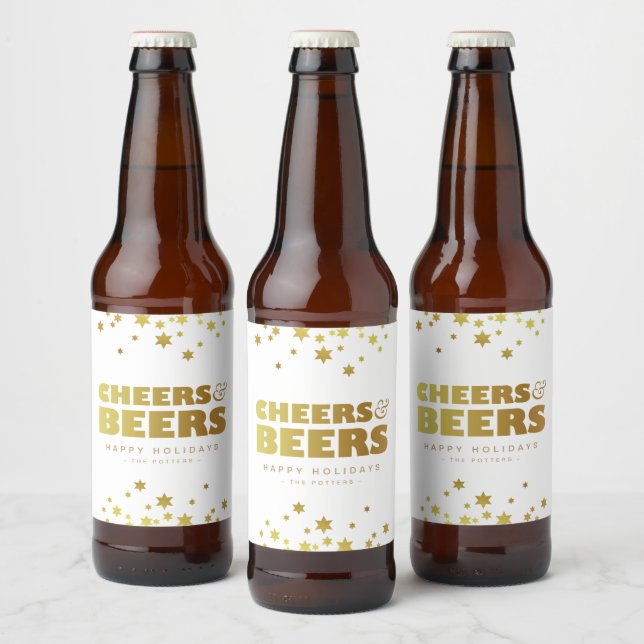 Cheers and Beers | Fun Christmas White & Gold  Beer Bottle Label (Bottles)