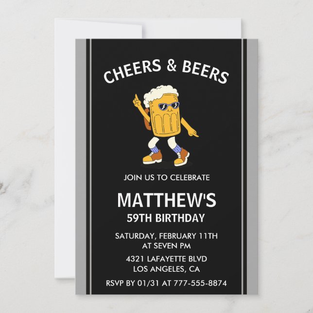 Cheers and Beers Funny Black 59th birthday Invitation (Front)