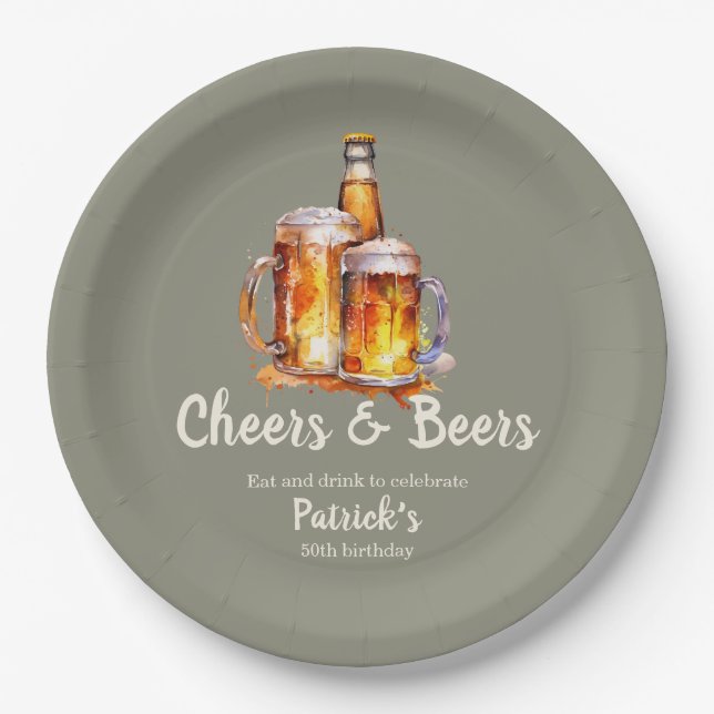 Cheers and Beers Glass Bottle 50th Birthday Paper Plate (Front)