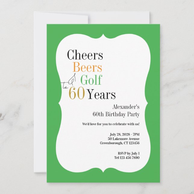 Cheers and Beers Golf 60th Birthday Green Invitation (Front)