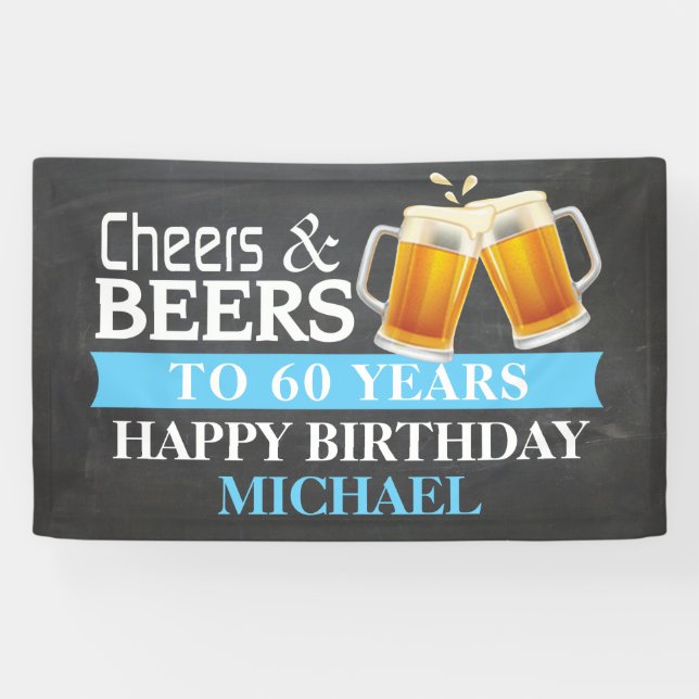 Cheers and Beers Happy 60th Birthday Banner Blue (Horizontal)