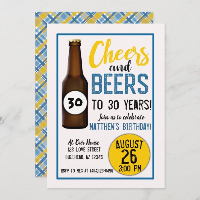 Cheers and Beers mens birthday invitations (Front/Back)