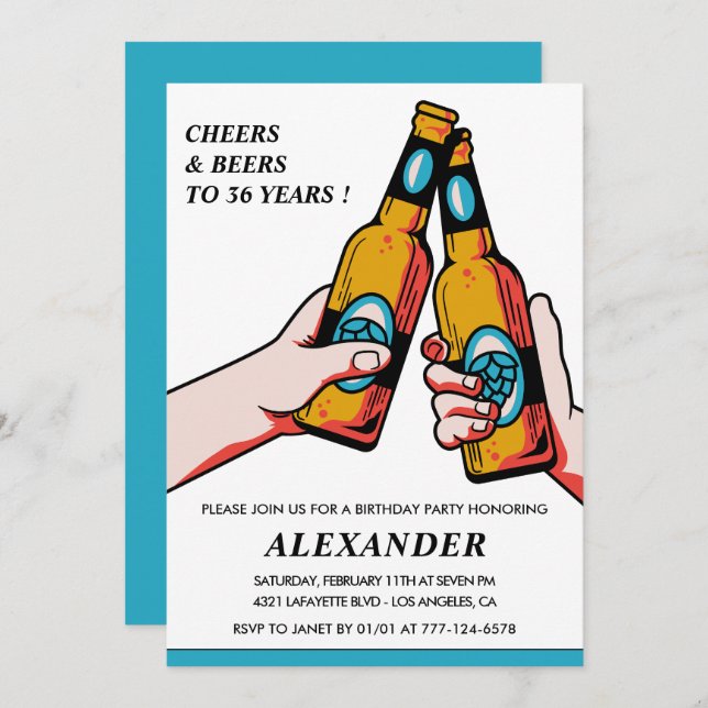 Cheers and Beers Rustic Men Blue 36th birthday Invitation (Front/Back)