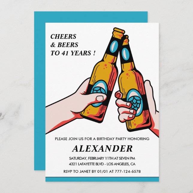 Cheers and Beers Rustic Men Blue 41st birthday Invitation (Front/Back)