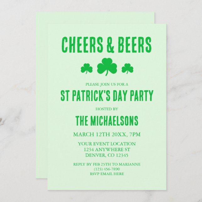 Cheers and Beers St Patrick's Day Party Invitation (Front/Back)