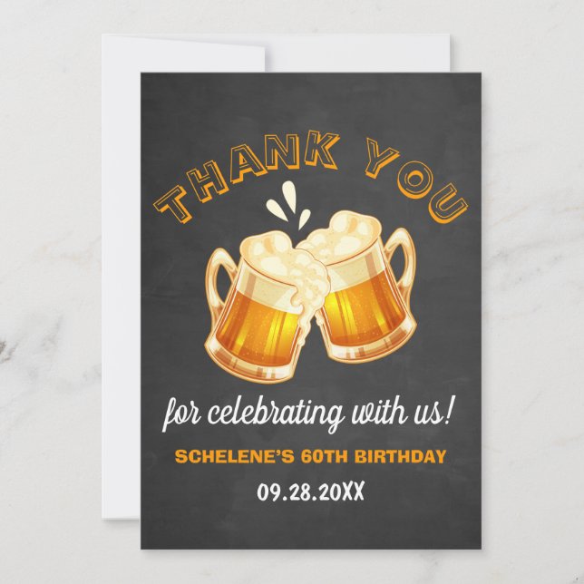 Cheers and Beers Surprise 60th Birthday Chalkboard Thank You Card (Front)
