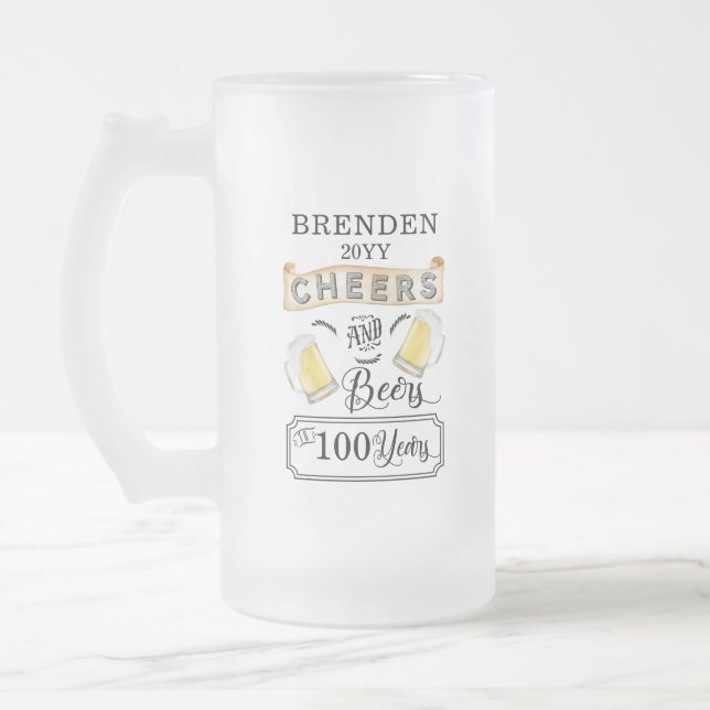 Cheers and Beers to 100 Years Birthday Frosted Glass Beer Mug (Left)