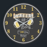 Cheers and Beers to 100 Years Birthday Large Clock<br><div class="desc">Celebrate your 100th Birthday in style with this rustic "Cheers and Beers" chalkboard vintage barroom look design.  Composite design by Holiday Hearts Designs (rights reserved).</div>