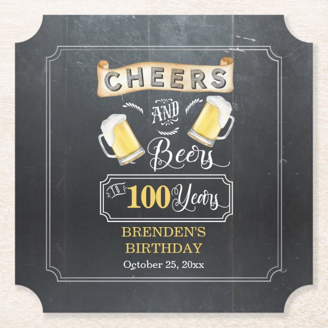 Cheers and Beers to 100 Years Birthday Party  Paper Coaster (Front)