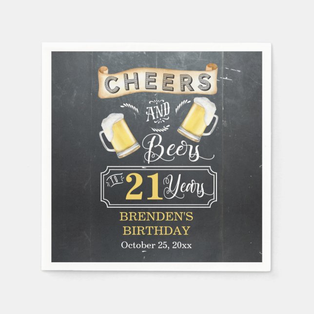 Cheers and Beers to 21 Years Birthday Party Napkin (Front)
