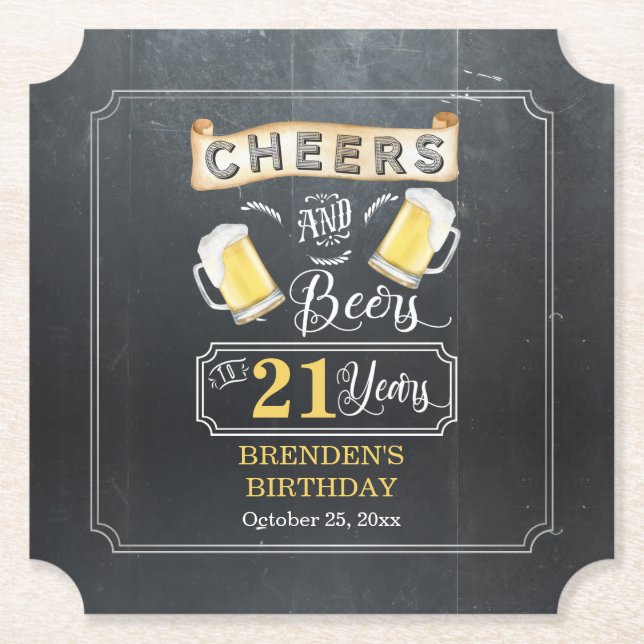 Cheers and Beers to 21 Years Birthday Party Paper Coaster (Front)