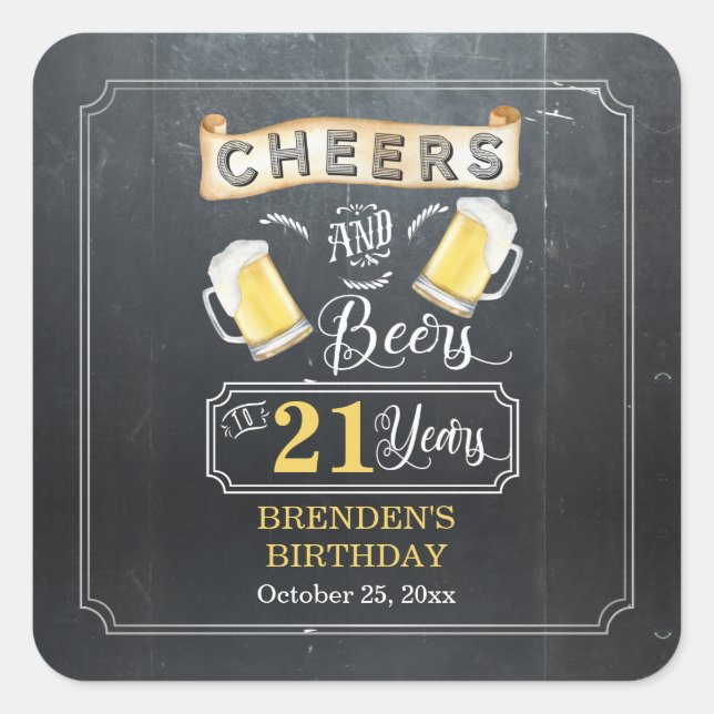 Cheers and Beers to 21 Years Birthday Party Square Sticker (Front)