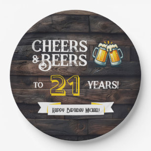 Cheers and Beers to 21 Years Rustic Birthday Paper Plate
