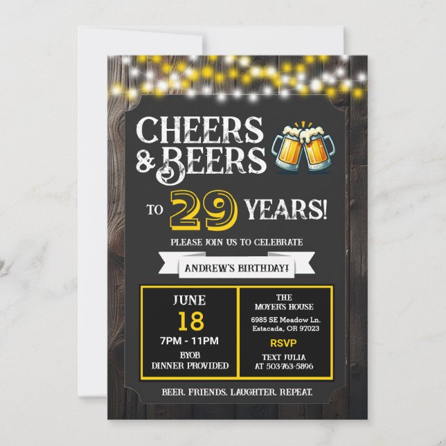 Cheers and Beers to 29 Years Backyard BBQ Birthday Invitation (Front)