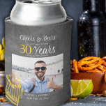 Cheers and beers to 30 years men birthday photo can cooler<br><div class="desc">Informal and funny cheers and beers men thirty birthday custom photo keepsake party personalised can cooler with a fancy typography script, a yellow doodle beer mug, and swirls on a rustic vintage dark grey chalkboard background. Suitable as a keepsake gift for any age or milestone birthday party or long-distance virtual...</div>
