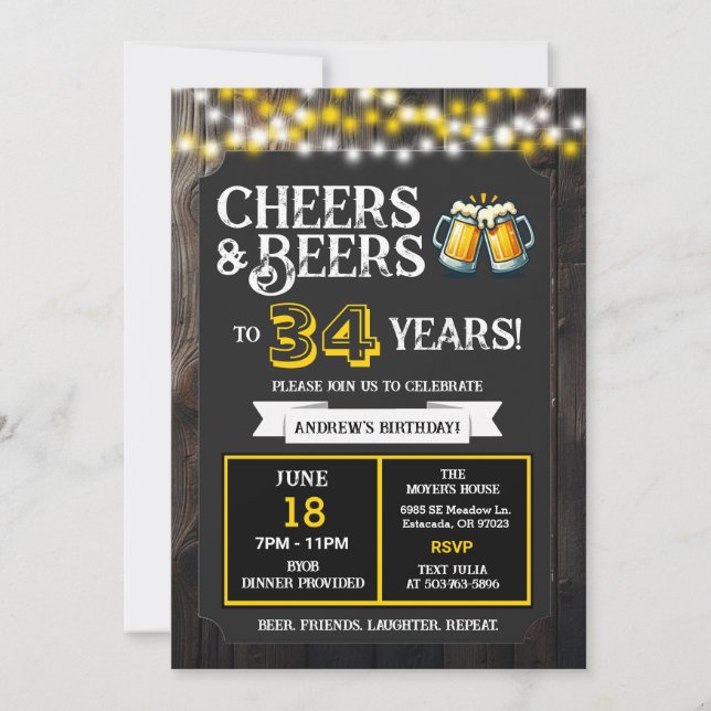 Cheers and Beers to 34 Years Backyard BBQ Birthday Invitation (Front)